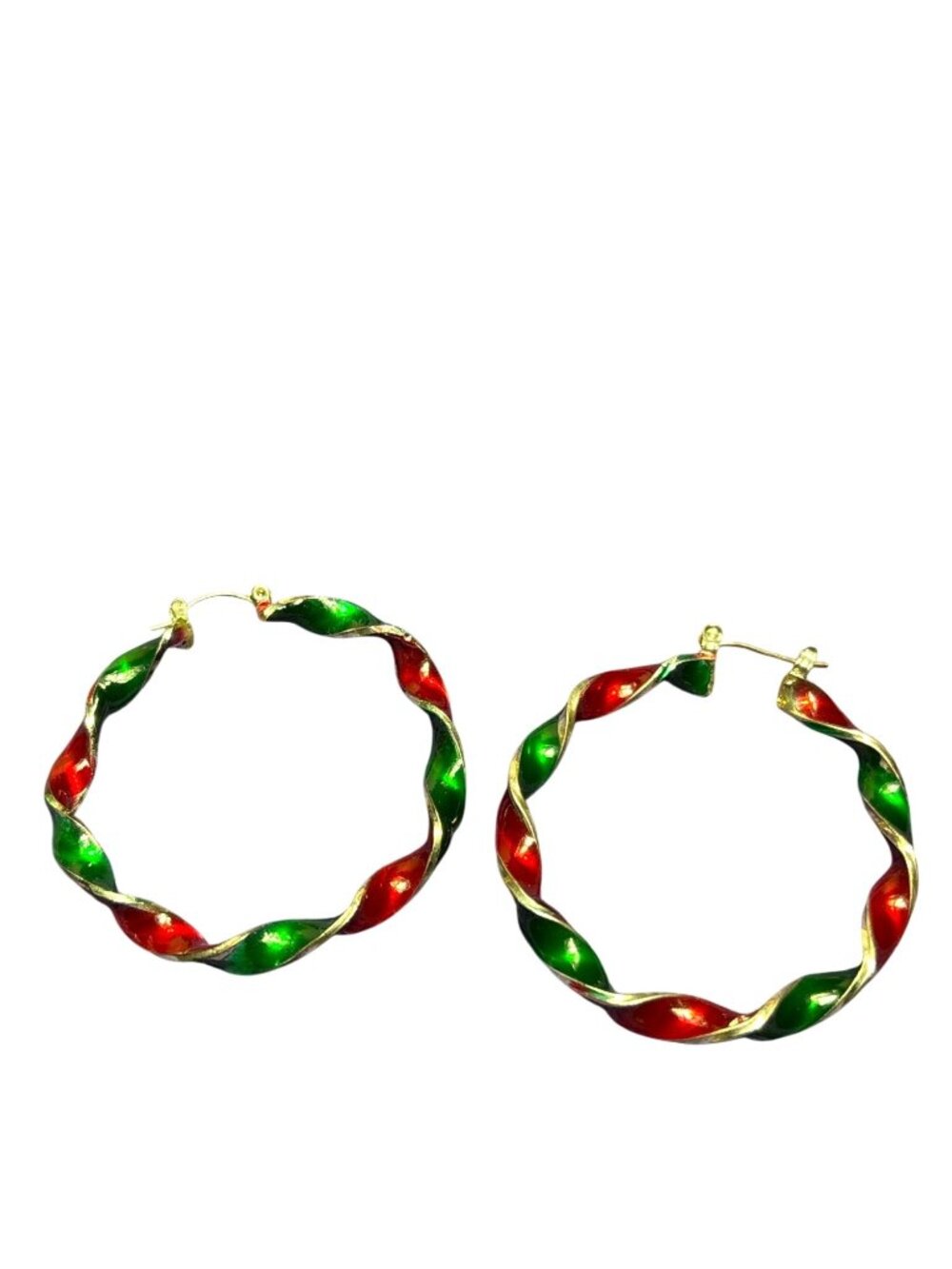 Vtg Christmas Holiday Twisted Hoop Earrings Silvertone Red Green Enamel 2 inches